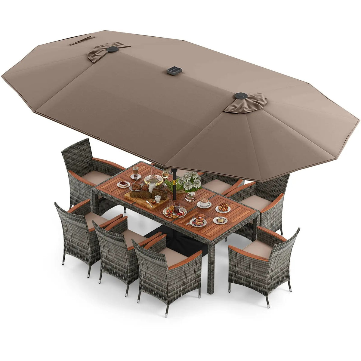 11 Pieces Patio Dining Set with 15 Feet Double-Sided Patio Umbrella Base Included, photo 2 of 44