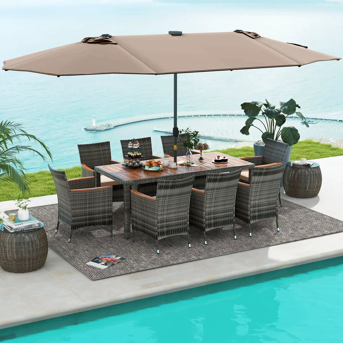 11 Pieces Patio Dining Set with 15 Feet Double-Sided Patio Umbrella Base Included, photo 18 of 44