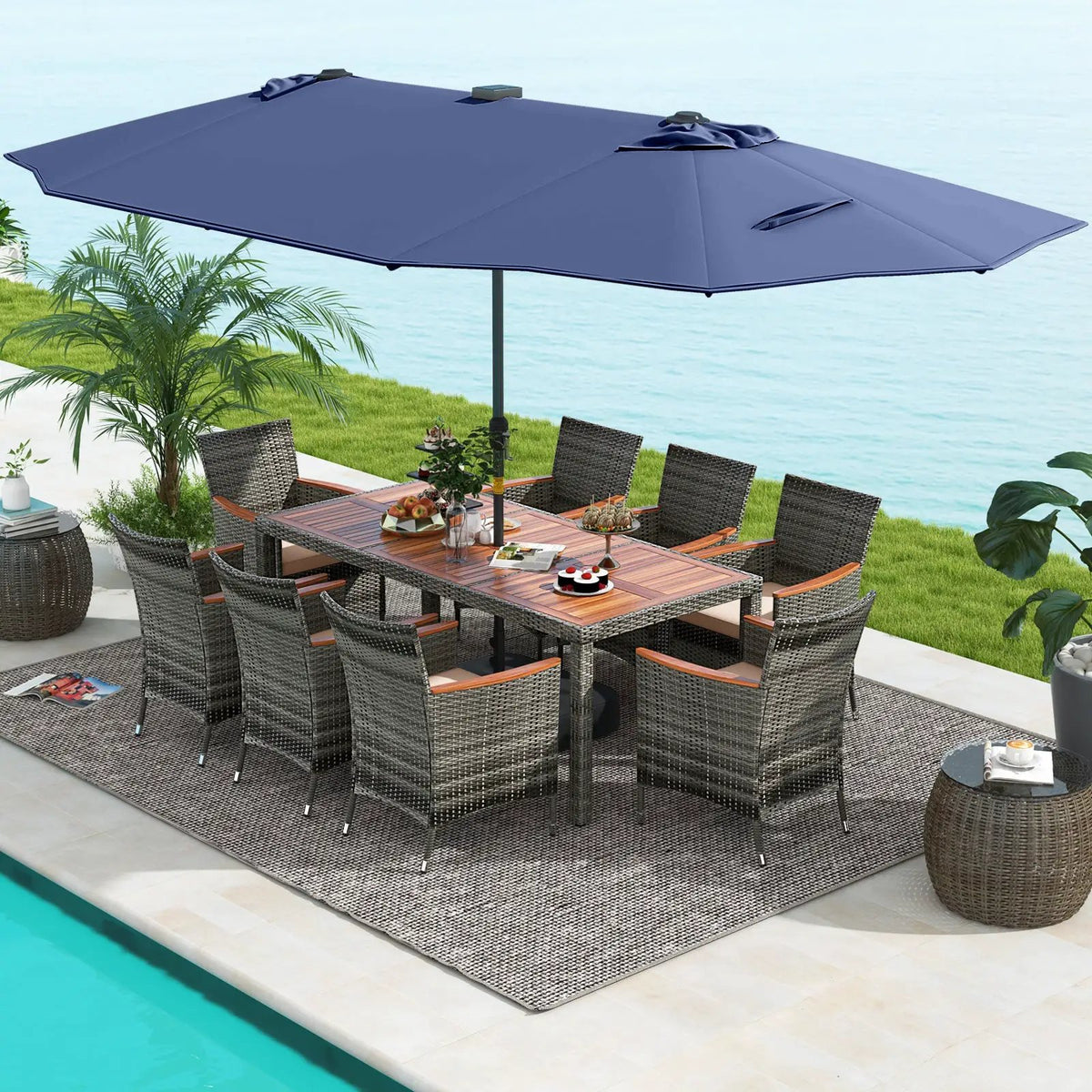 11 Pieces Patio Dining Set with 15 Feet Double-Sided Patio Umbrella Base Included, photo 7 of 44