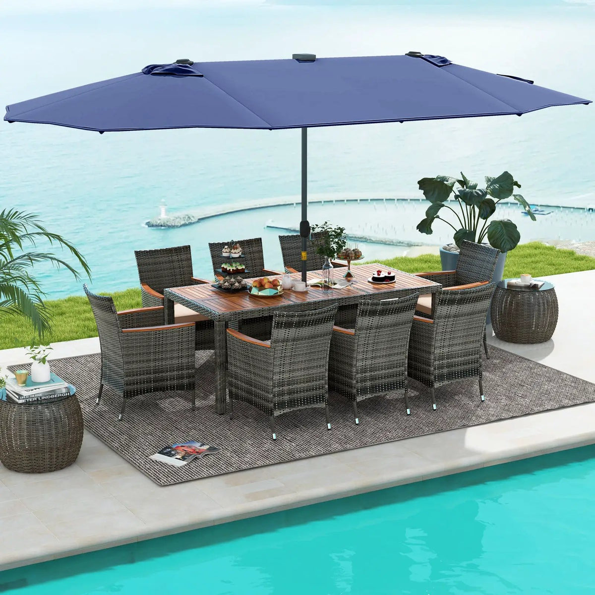 11 Pieces Patio Dining Set with 15 Feet Double-Sided Patio Umbrella Base Included, photo 11 of 44