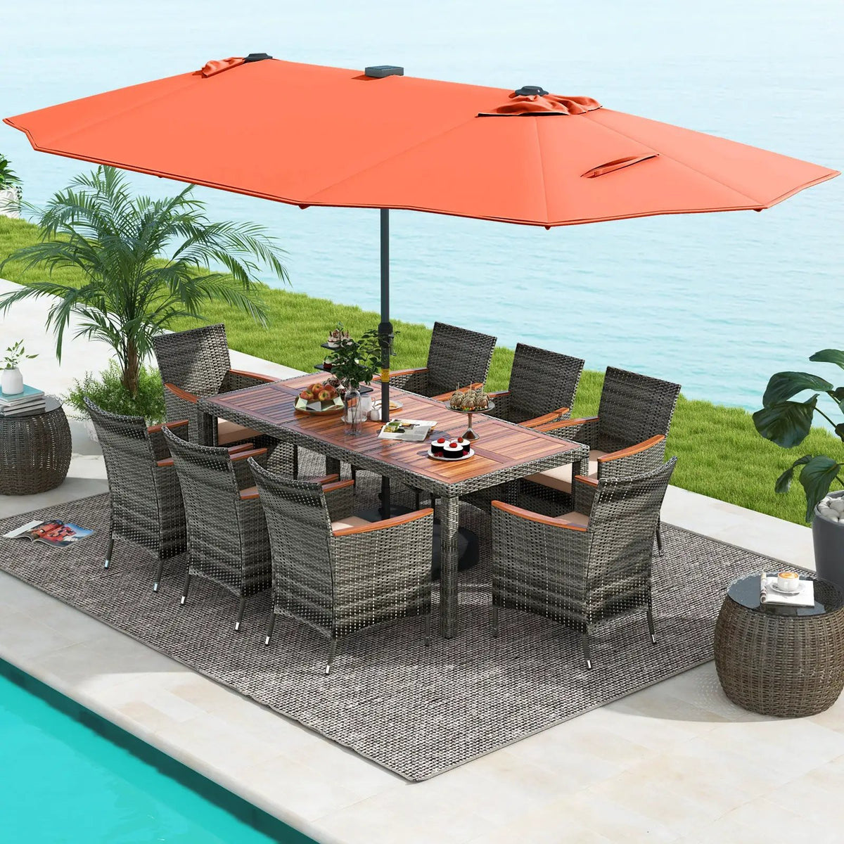 11 Pieces Patio Dining Set with 15 Feet Double-Sided Patio Umbrella Base Included, photo 38 of 44