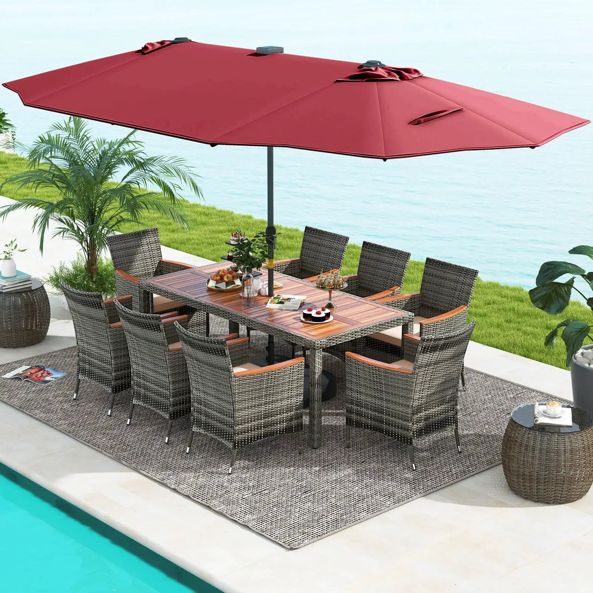 11 Pieces Patio Dining Set with 15 Feet Double-Sided Patio Umbrella Base Included, photo 21 of 44