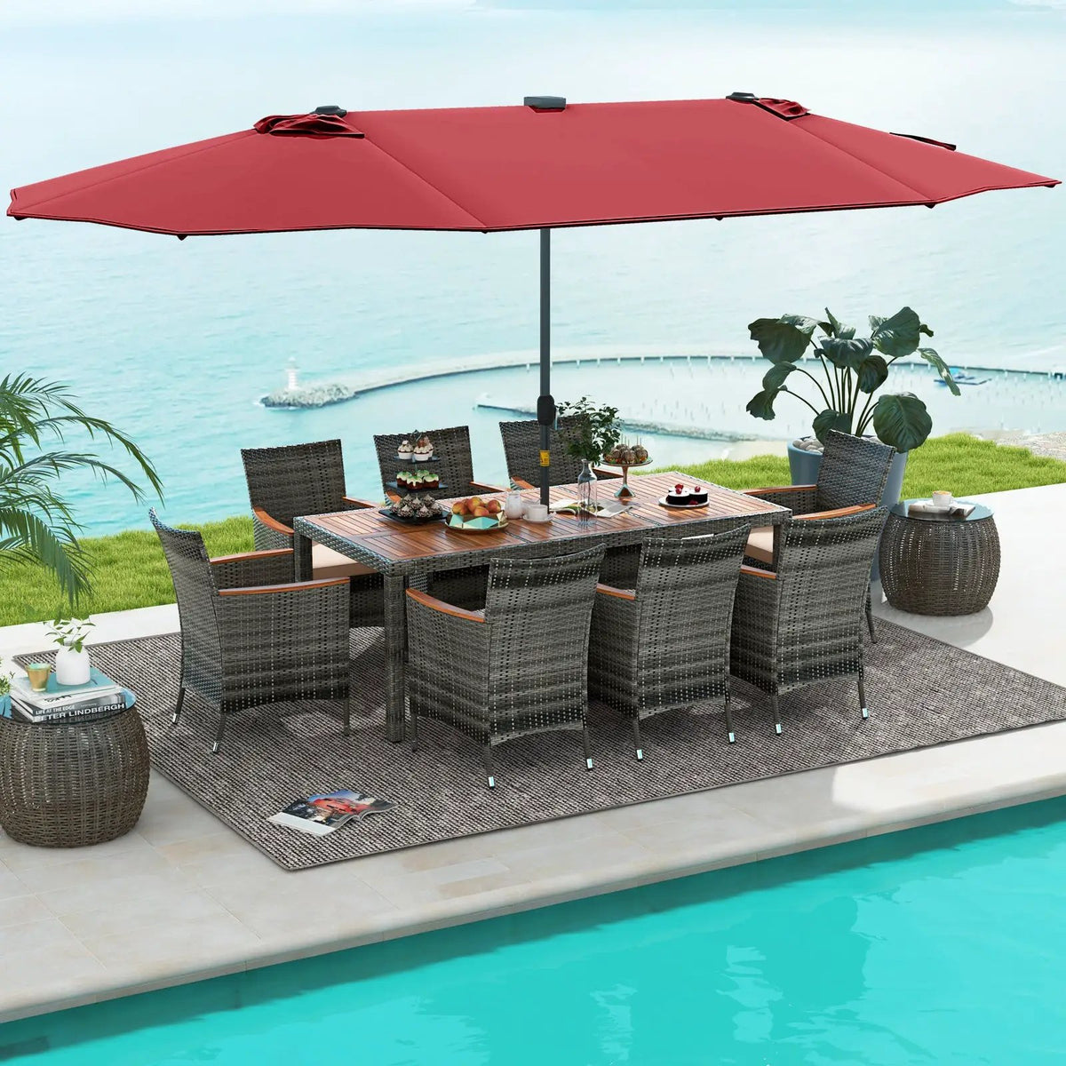 11 Pieces Patio Dining Set with 15 Feet Double-Sided Patio Umbrella Base Included, photo 25 of 44