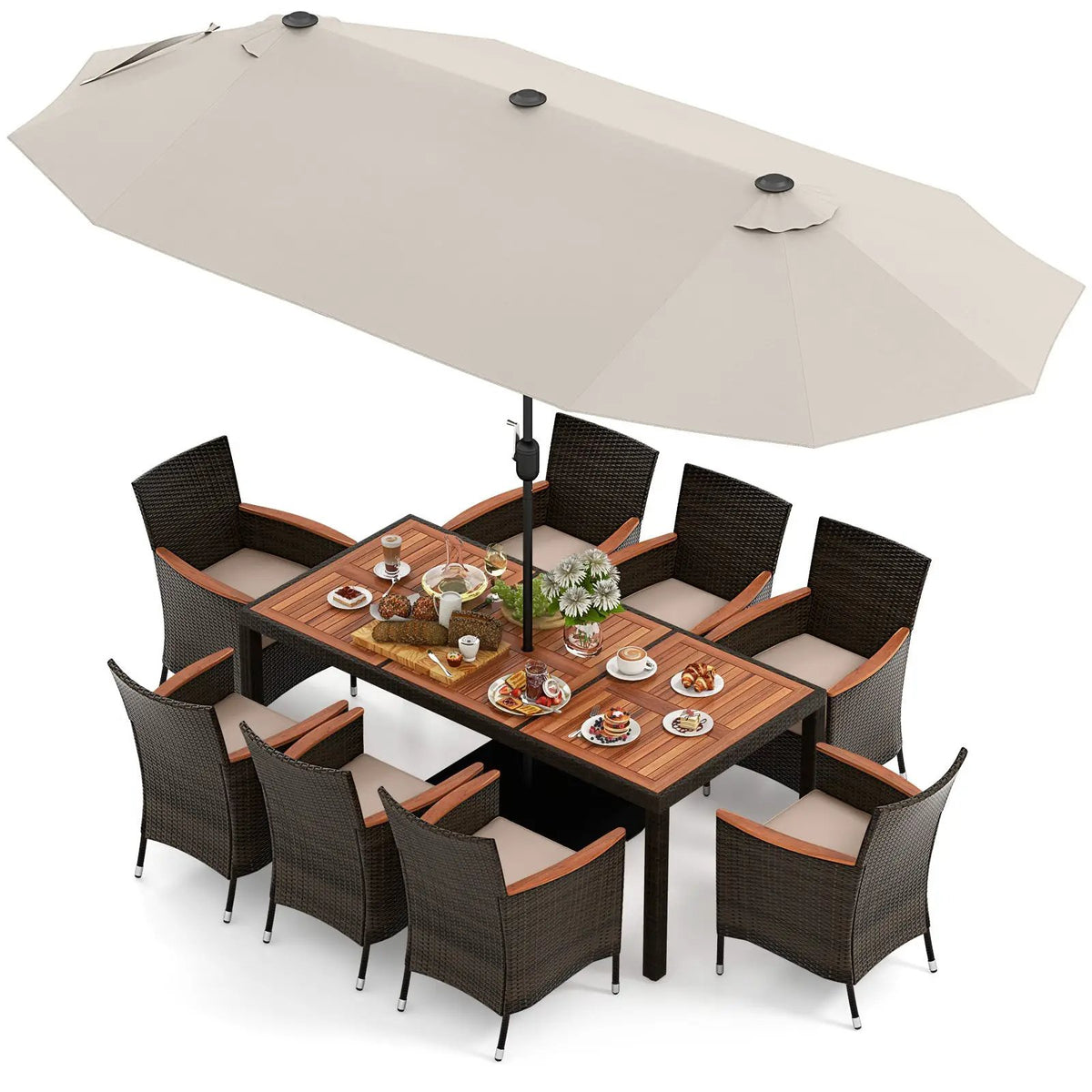 11 Pieces Patio Dining Set with 15 Feet Double-Sided Patio Umbrella and Base, photo 15 of 48