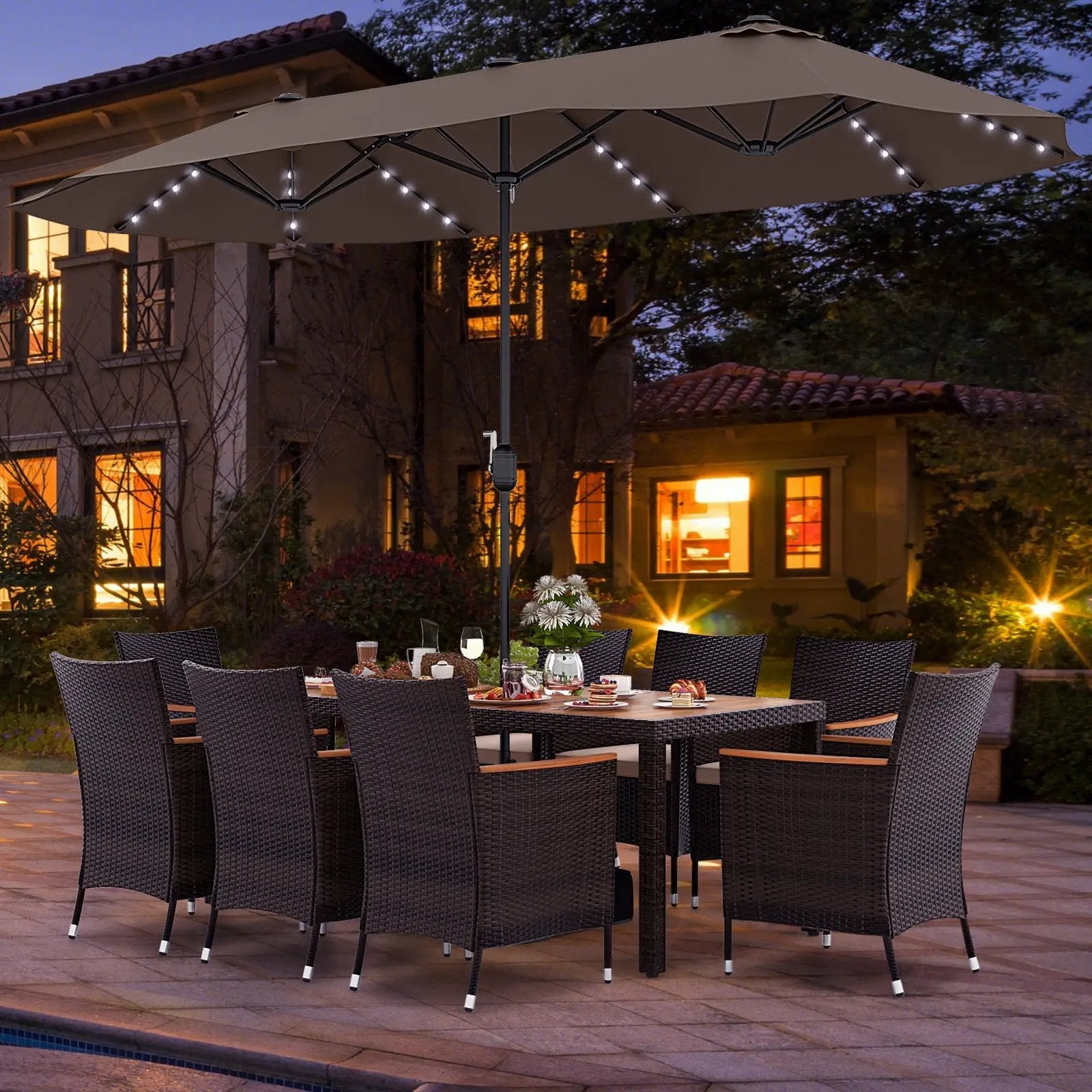 11 Pieces Patio Dining Set with 15 Feet Double-Sided Patio Umbrella and Base by DirectDeals