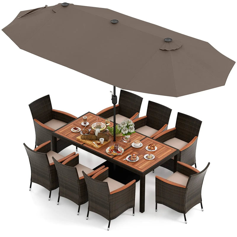11 Pieces Patio Dining Set with 15 Feet Double-Sided Patio Umbrella and Base by DirectDeals