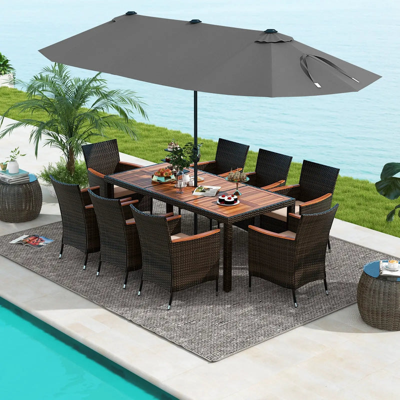 11 Pieces Patio Dining Set with 15 Feet Double-Sided Patio Umbrella and Base by DirectDeals