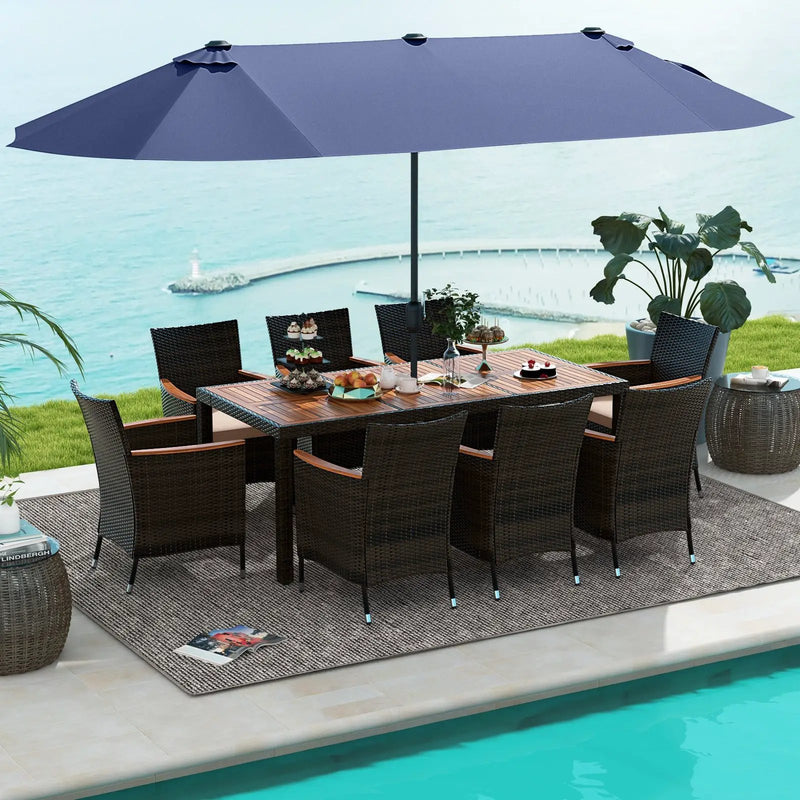 11 Pieces Patio Dining Set with 15 Feet Double-Sided Patio Umbrella and Base by DirectDeals
