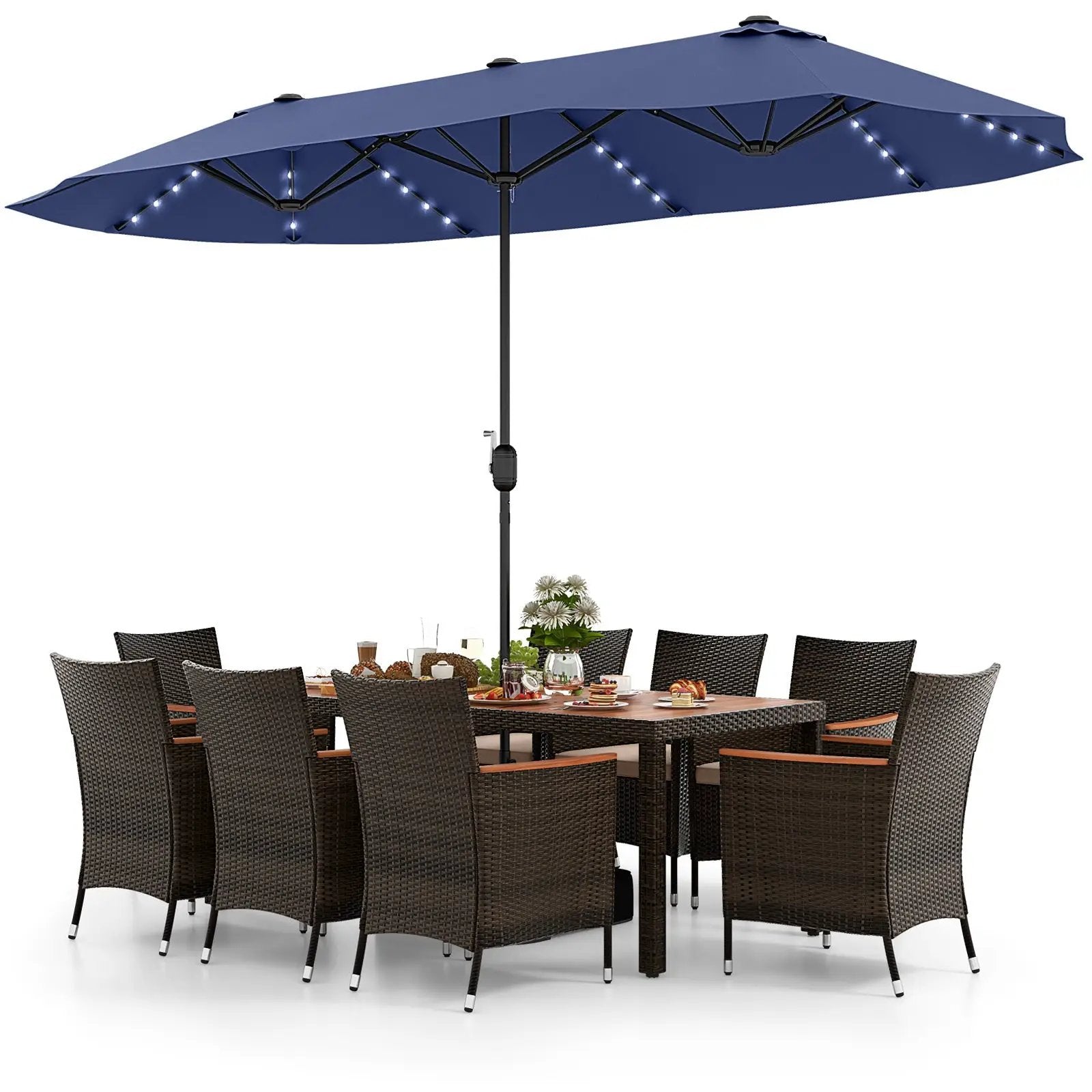 11 Pieces Patio Dining Set with 15 Feet Double-Sided Patio Umbrella and Base by DirectDeals