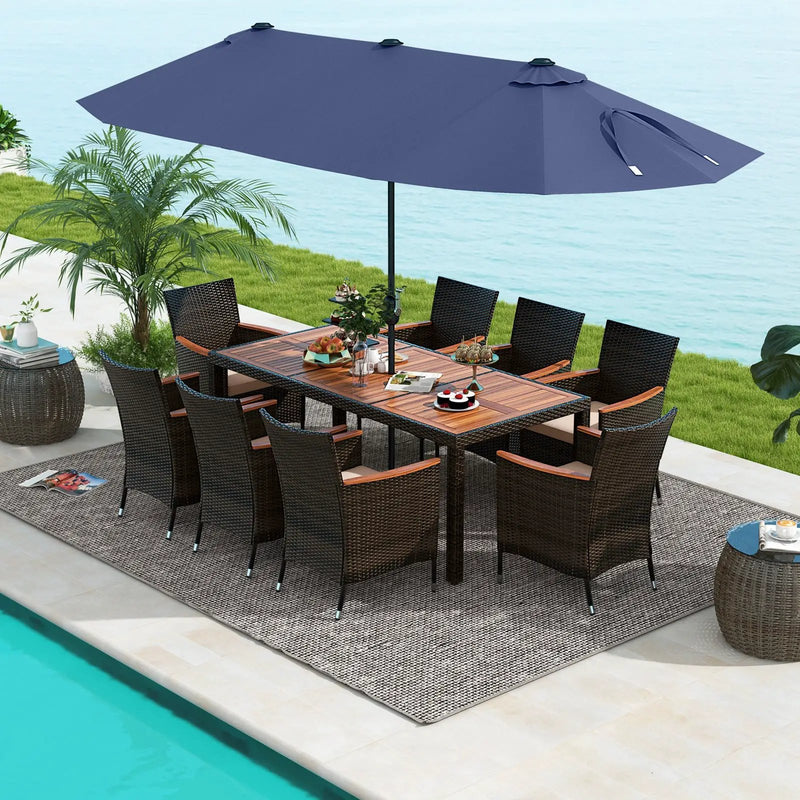 11 Pieces Patio Dining Set with 15 Feet Double-Sided Patio Umbrella and Base by DirectDeals