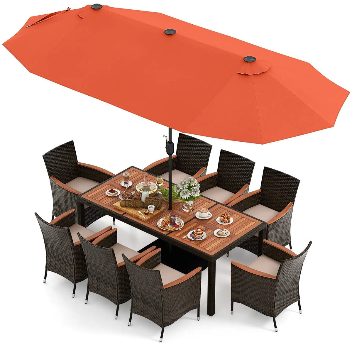 11 Pieces Patio Dining Set with 15 Feet Double-Sided Patio Umbrella and Base, photo 14 of 48