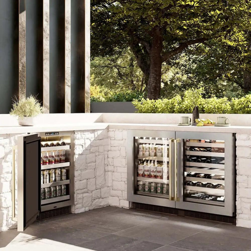 ZLINE 24" Touchstone 151 Can Beverage Fridge DuraSnow® Stainless Steel Glass Door And Champagne Bronze Handle RBSOZ-SN-24-CB by Farmhouse Kitchen and Bath