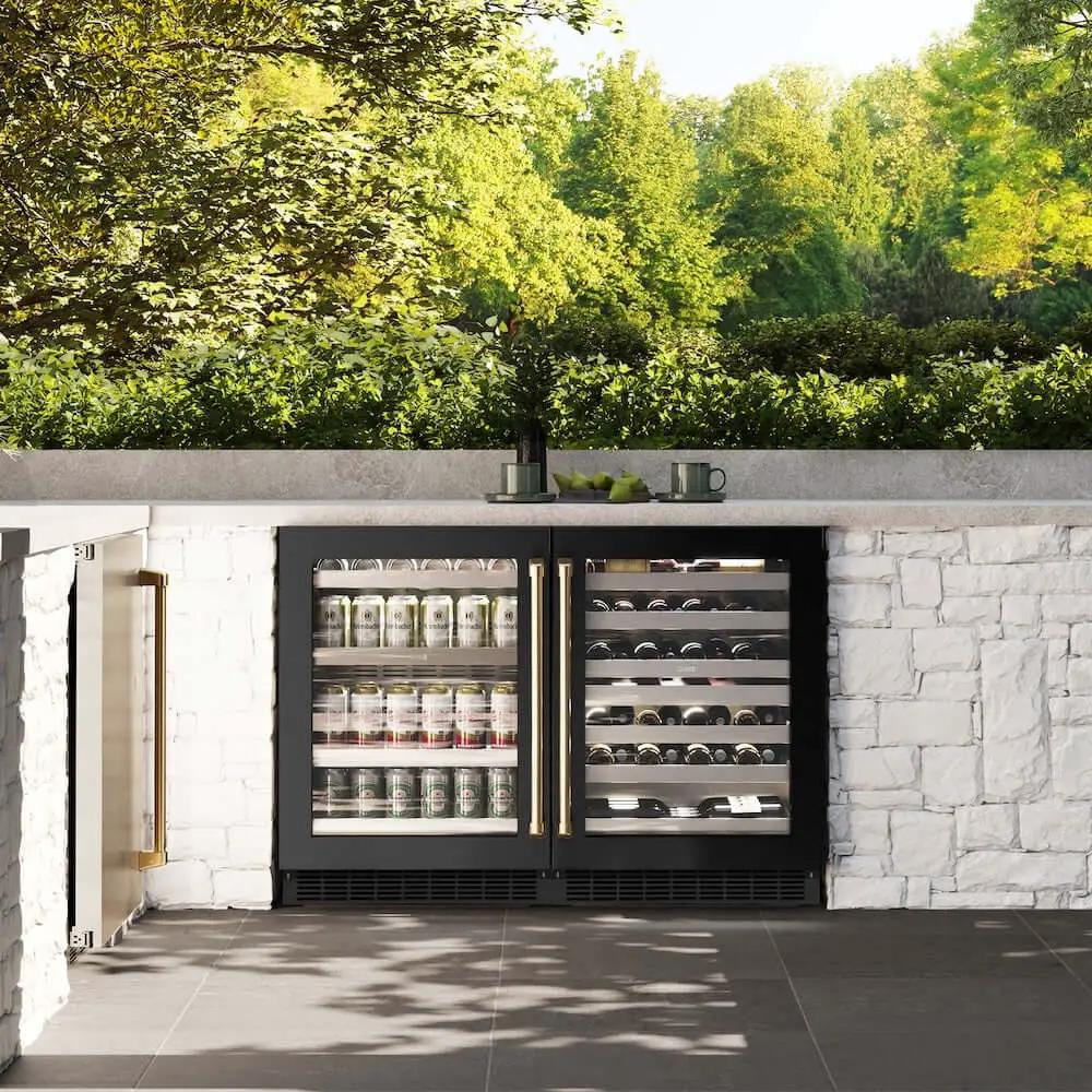 ZLINE 24" Touchstone 151 Can Beverage Fridge Black Stainless Steel Glass Door Gold Handle RBSOZ-BS-24-G by Farmhouse Kitchen and Bath