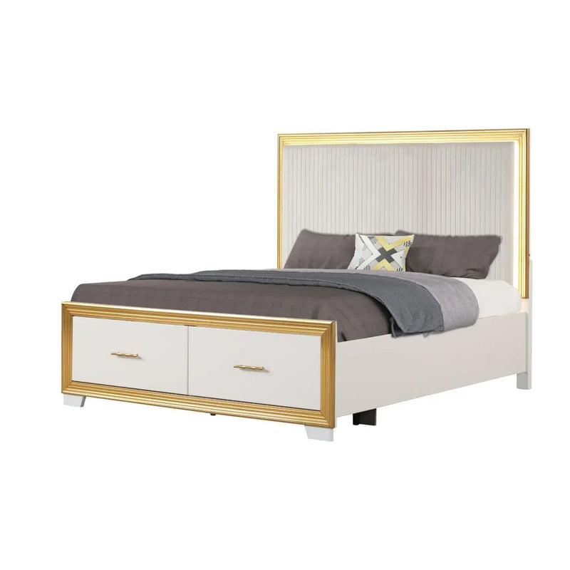 Obsession - Queen Size Bed With LED Headboard And Footboard Storage Drawer - White by HouseOfZazla