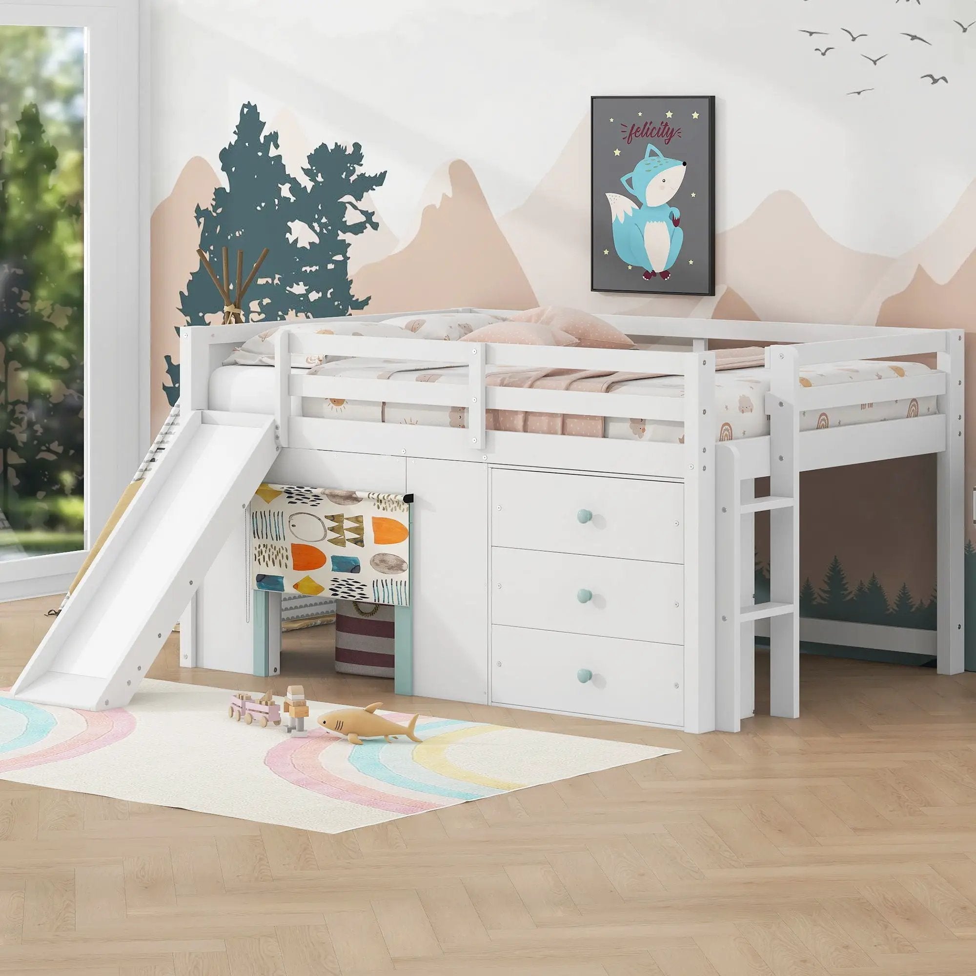 Modern Low Loft Bed With Slide, 3 Storage Drawers, And 2 Doors by Unique Piece Furniture