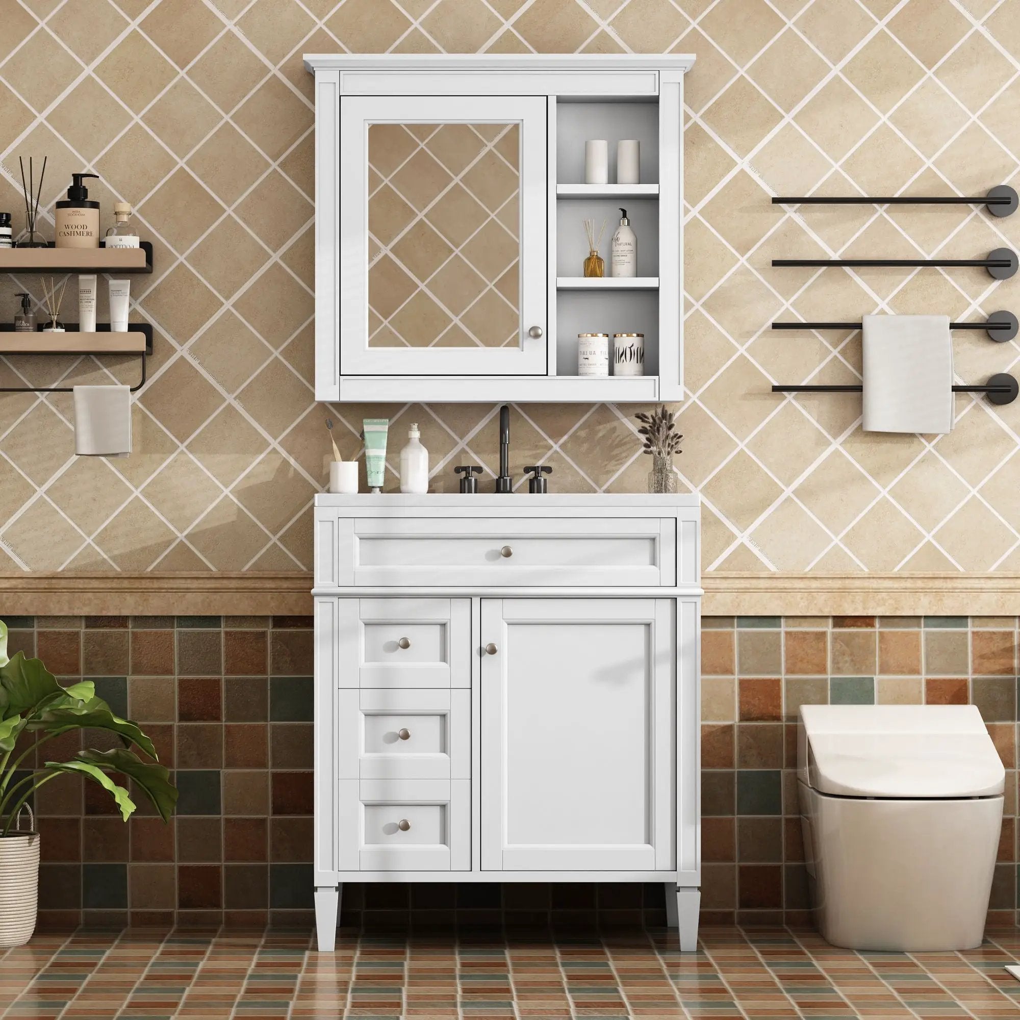 Bathroom Vanity With Medicine Cabinet, Royal Mirror Cabinet, Modern Bathroom Storage Cabinet With 2 Soft Closing Doors And 4 Drawers by HouseOfZazla