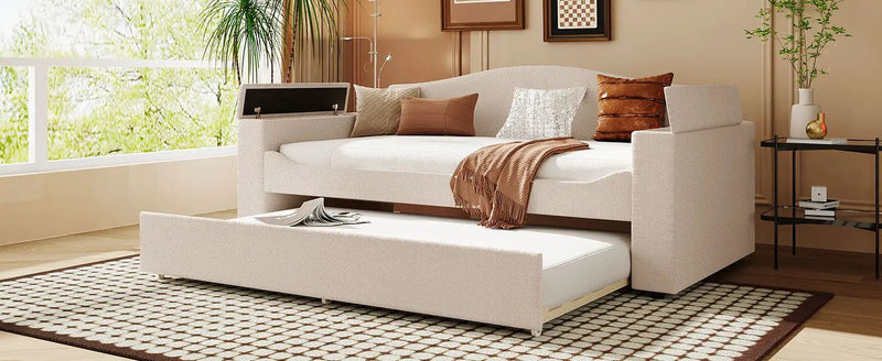 Upholstered Daybed With Storage Armrests, Trundle And Latest Integrated tooth Audio System by HouseOfZazla