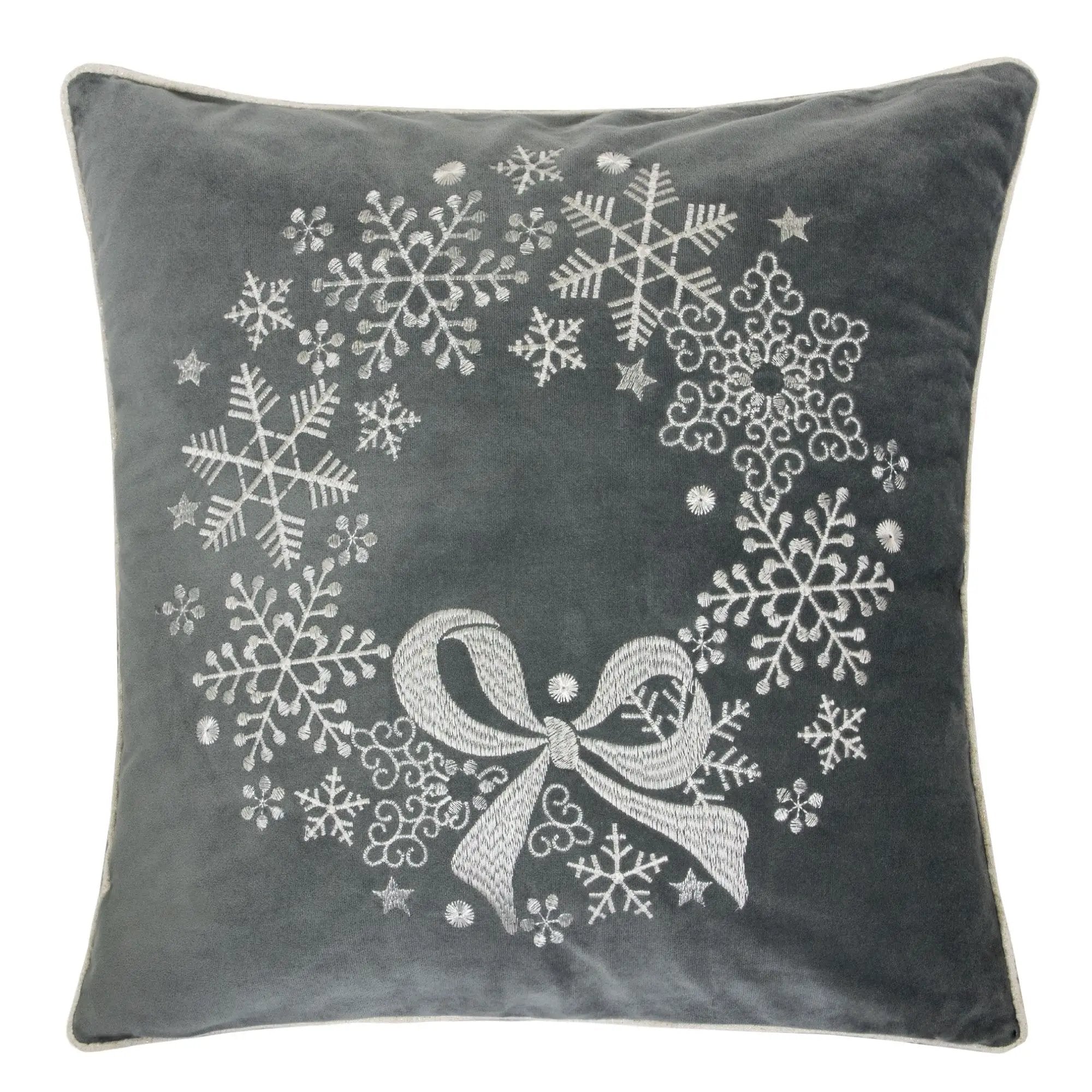 Gray Velvet Holiday Throw Pillow with Snowflake Wreath Embroidery by HouseOfZazla