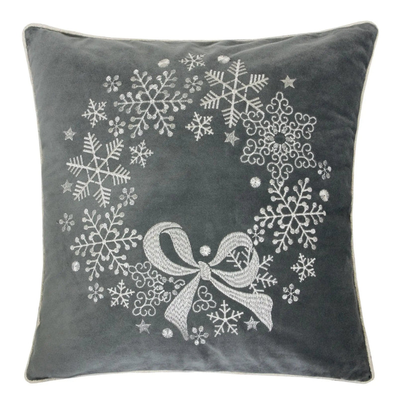 Gray Velvet Holiday Throw Pillow with Snowflake Wreath Embroidery by HouseOfZazla