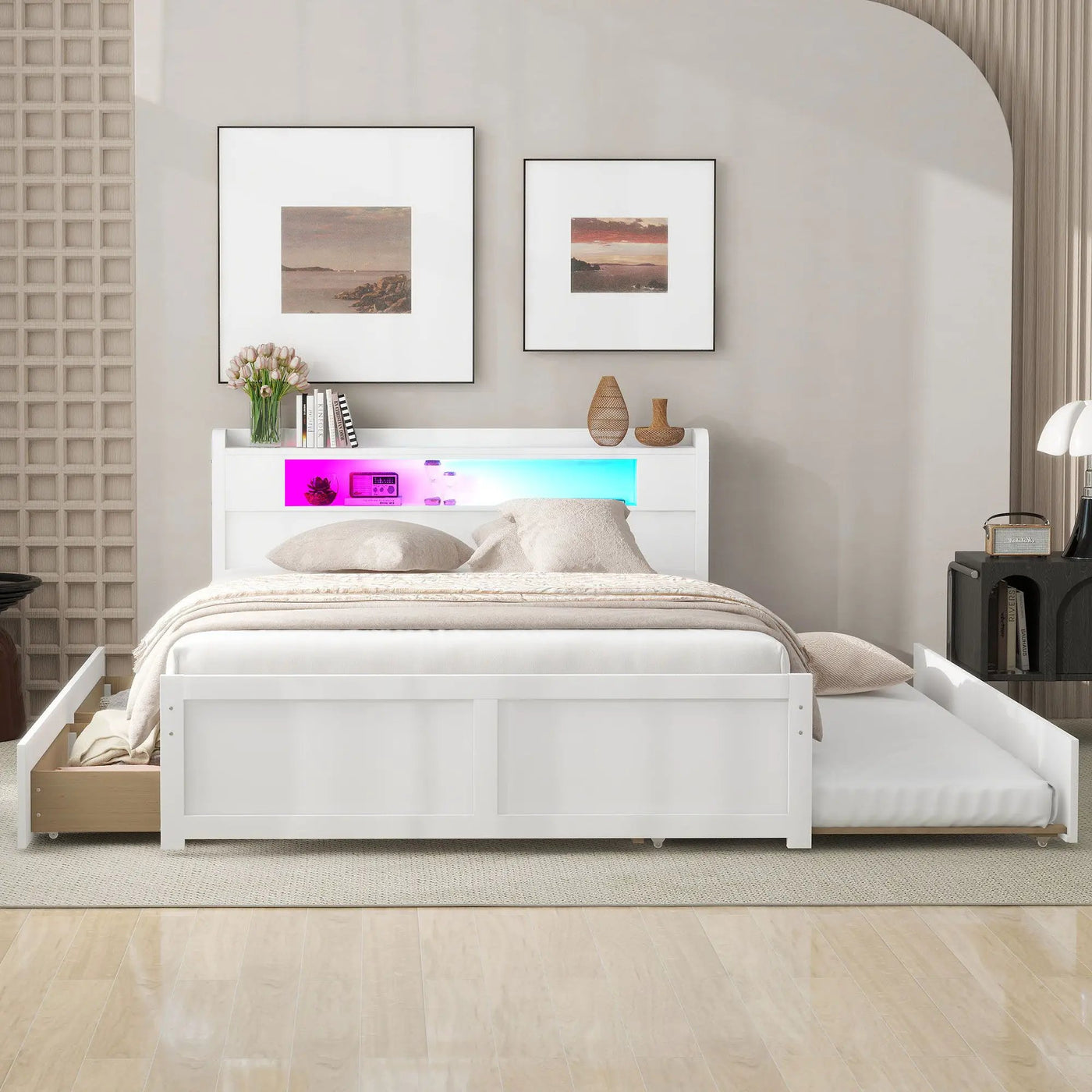 Storage Platform Bed With LED Lights, 2 Drawers And Trundle by HouseOfZazla
