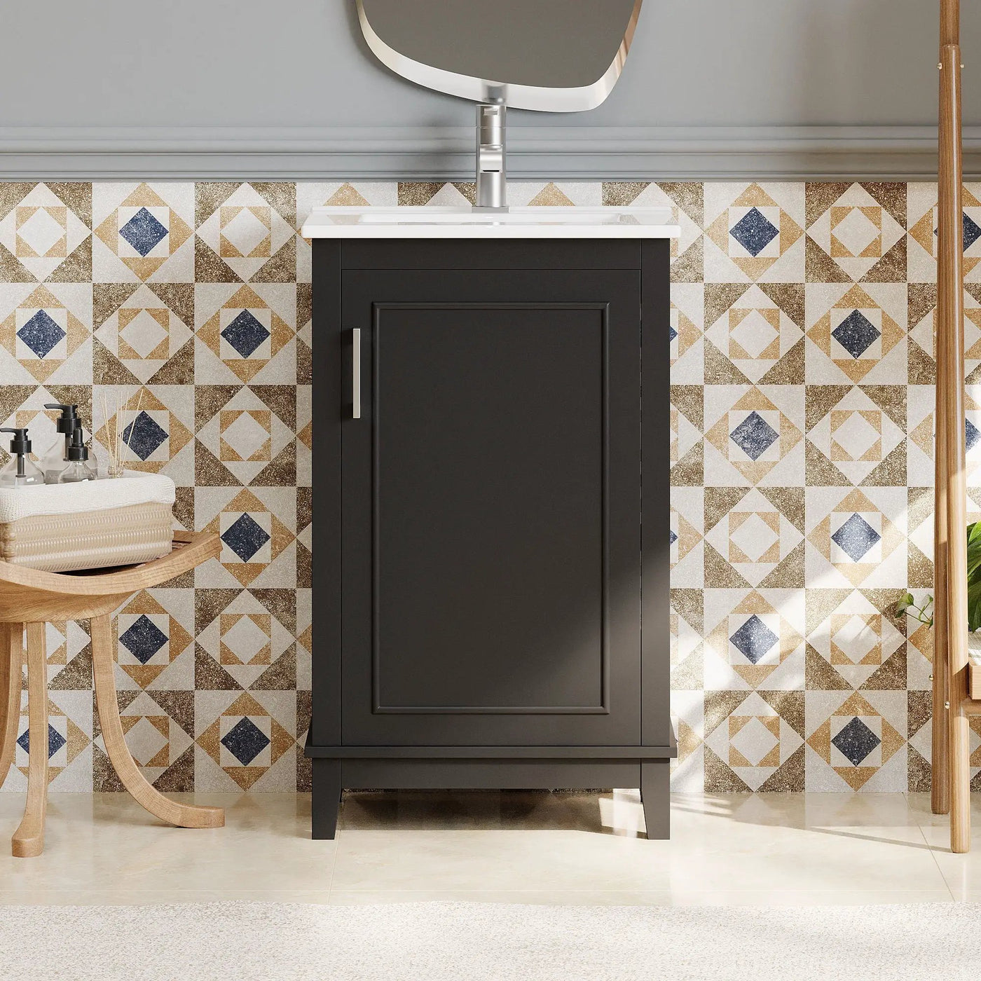 Modern Small Bathroom Vanity Cabinet With Ceramic Basin, Ample Storage, 1 Soft Close Door by Unique Piece Furniture