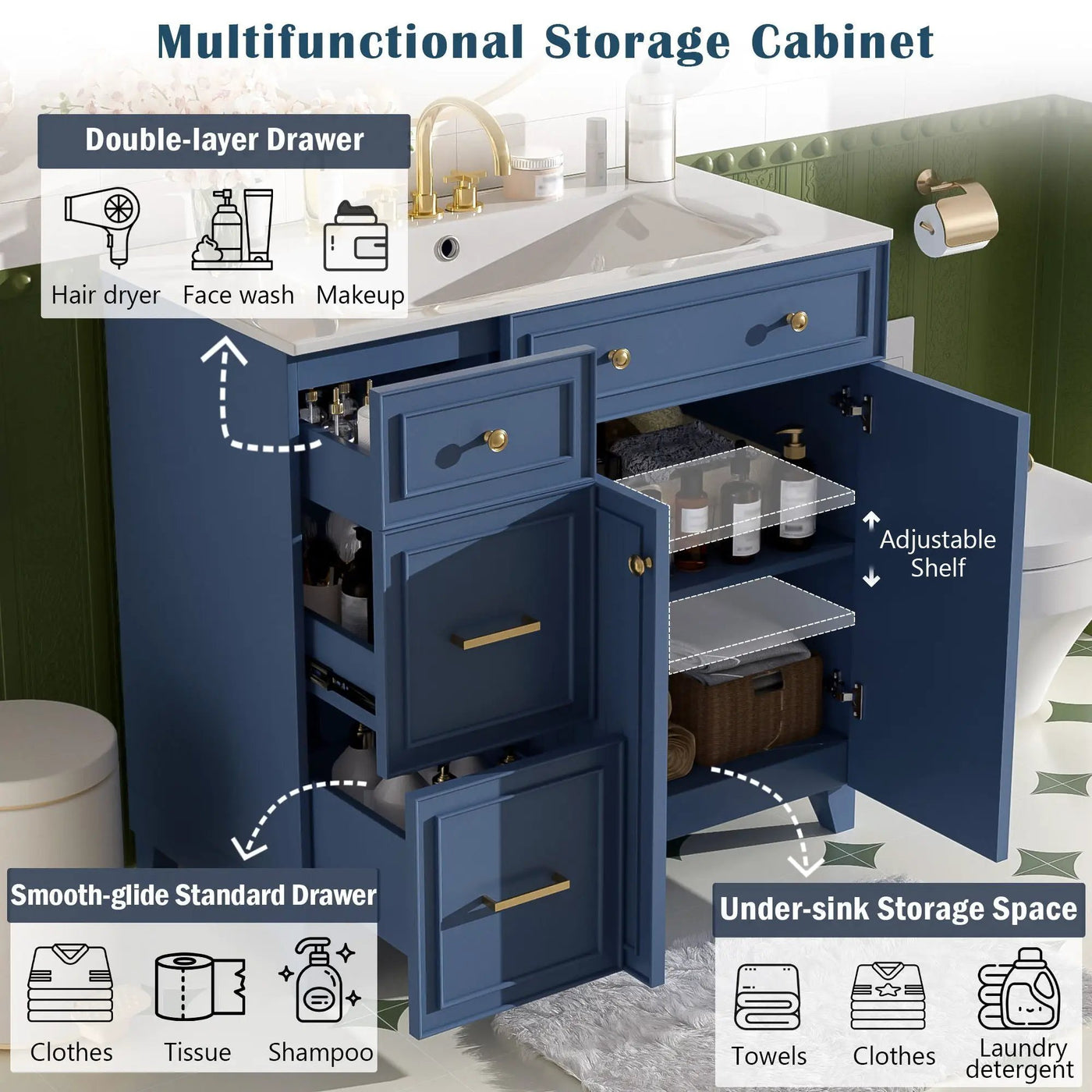 Bathroom Vanity With Sink, Soft Close Doors, Adjustable Shelves by HouseOfZazla