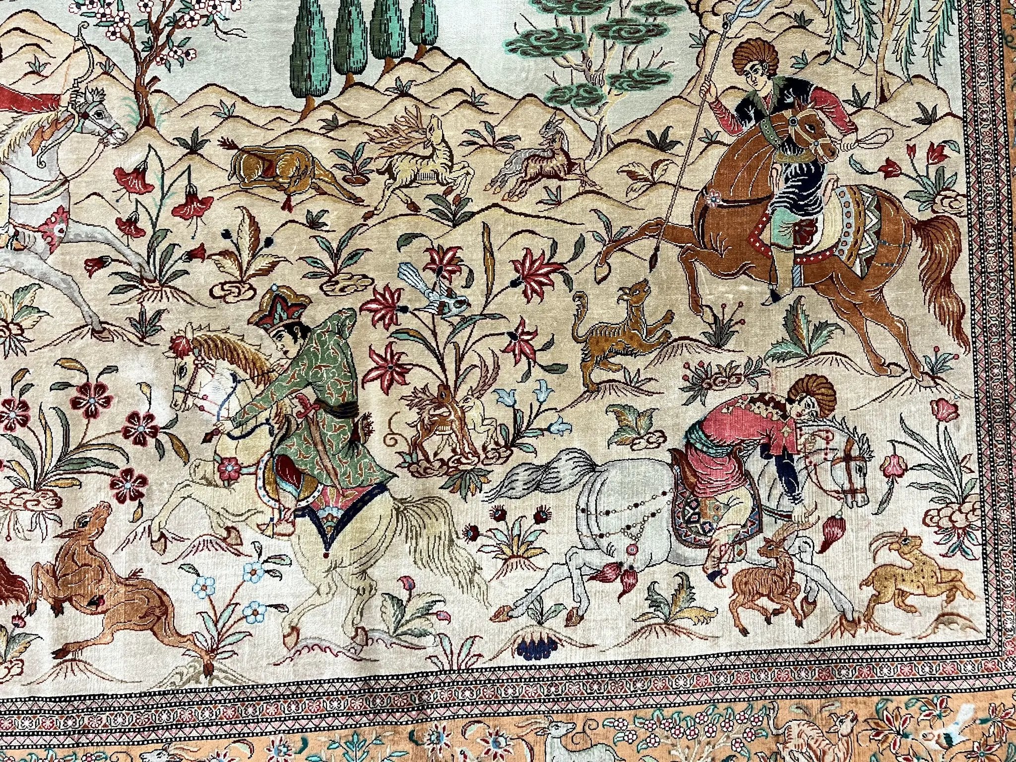 Silk Persian Qum Rug 3x5, Hunting Pattern, Handmade Vintage Carpet, Signed by Master Weaver, Horsemen Pictorials, Super Fine 650 KPSI by Jewel Rugs