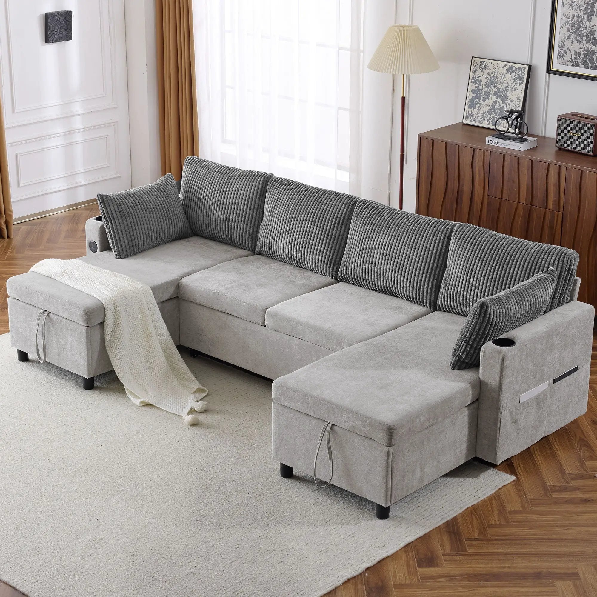 Sectional Sofa Bed With Pull Out Sleeper, USB Ports, Cup Holders by HouseOfZazla
