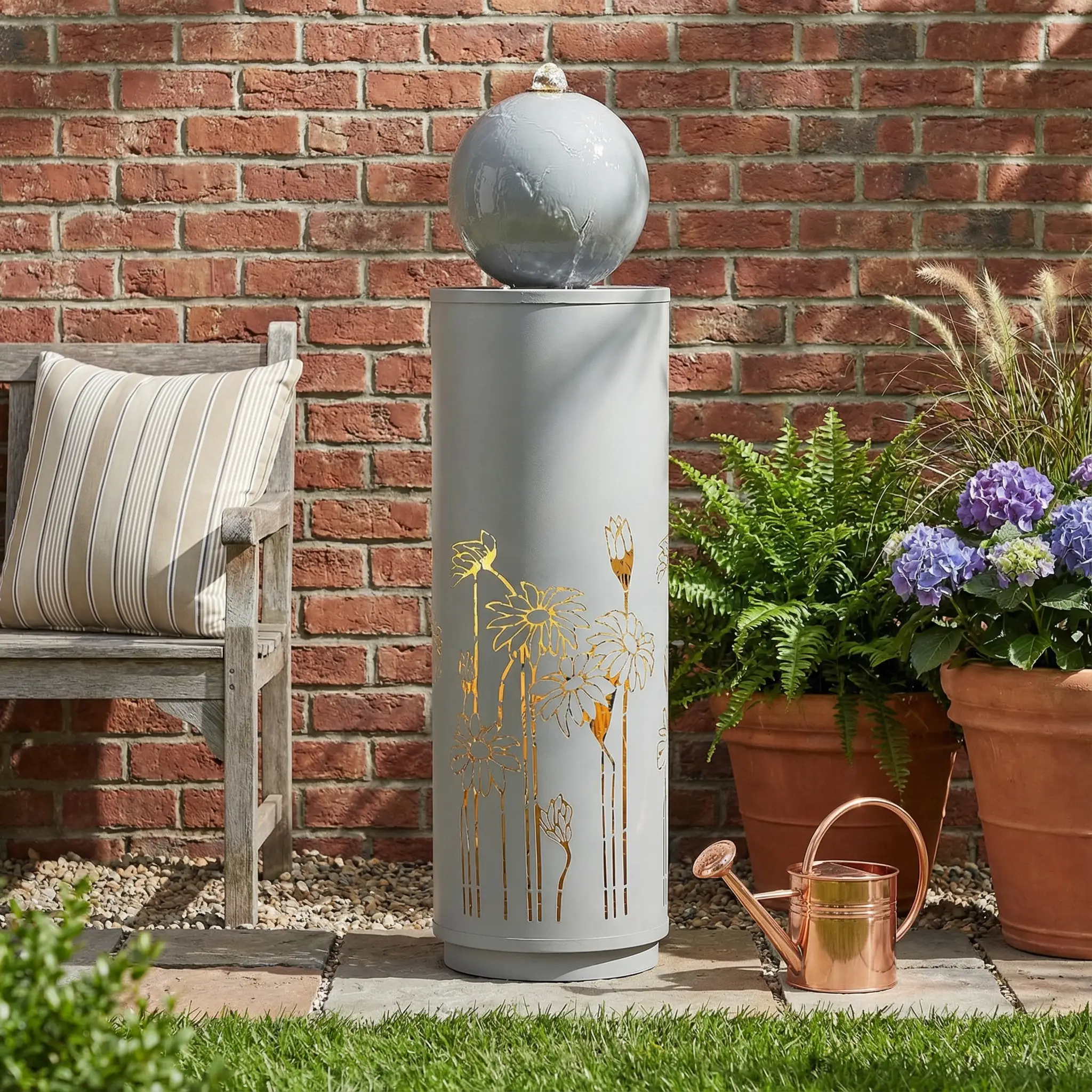 34.25'H Light Gray Metal Cutout Outdoor Water Fountain with LED Lights by HouseOfZazla