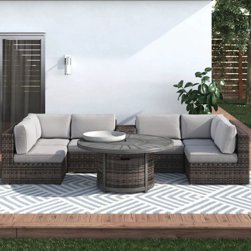 All Weather 4 Person Patio Sofa Set With Fire Pit And Side Table Rustproof - Brown by Unique Piece Furniture