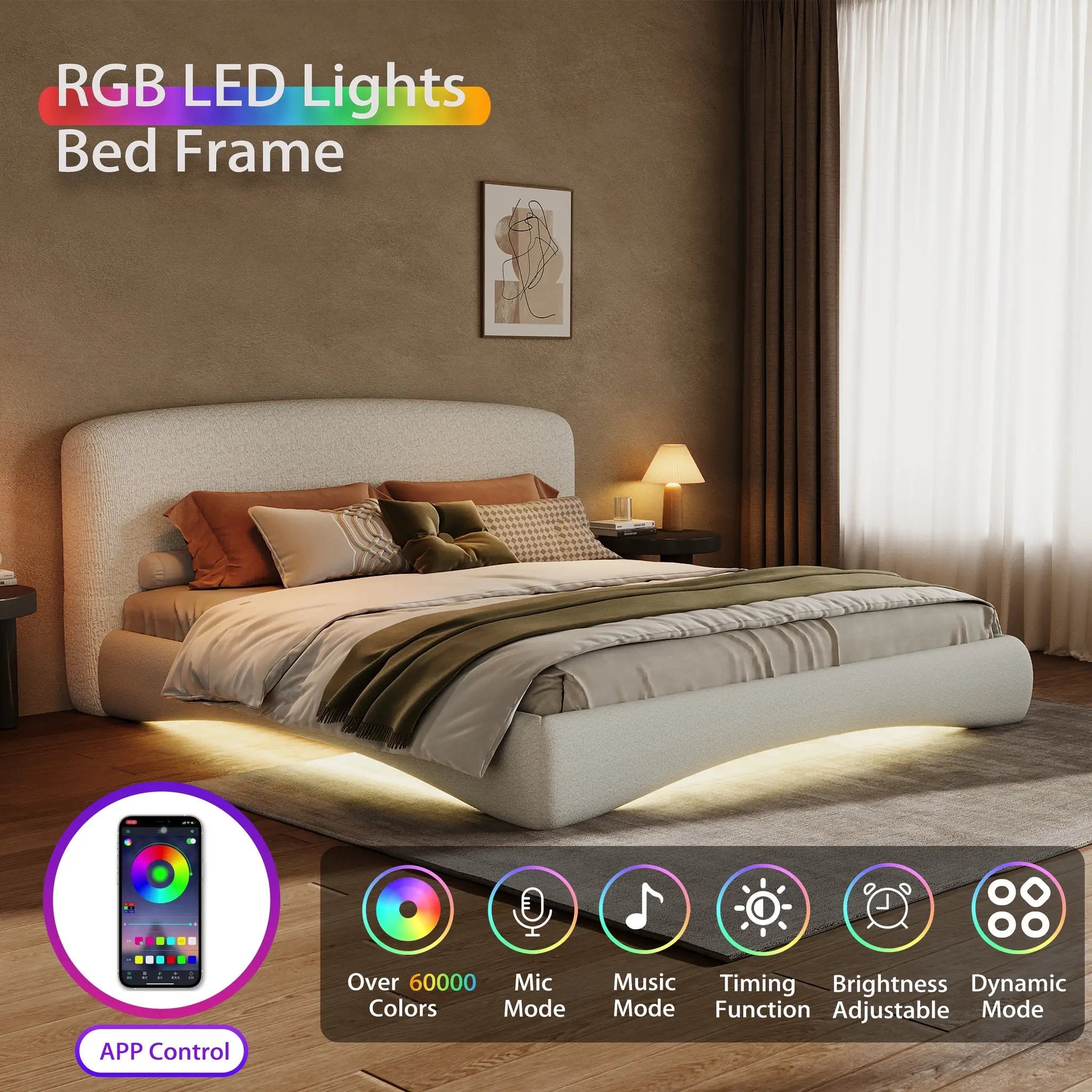 Curved Upholstered Bed with Smart Ambient Lighting by HouseOfZazla