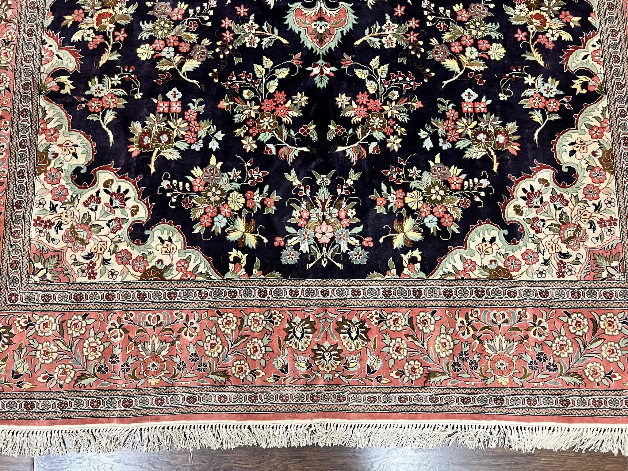Stunning Silk Persian Qum Rug 7x9, Finely Hand Knotted Navy Blue & Salmon Floral Medallion Authentic Oriental Carpet, Vintage Handmade Silk Ghom Rug, Silk on Silk by Jewel Rugs