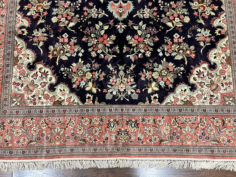 Stunning Silk Persian Qum Rug 7x9, Finely Hand Knotted Navy Blue & Salmon Floral Medallion Authentic Oriental Carpet, Vintage Handmade Silk Ghom Rug, Silk on Silk by Jewel Rugs