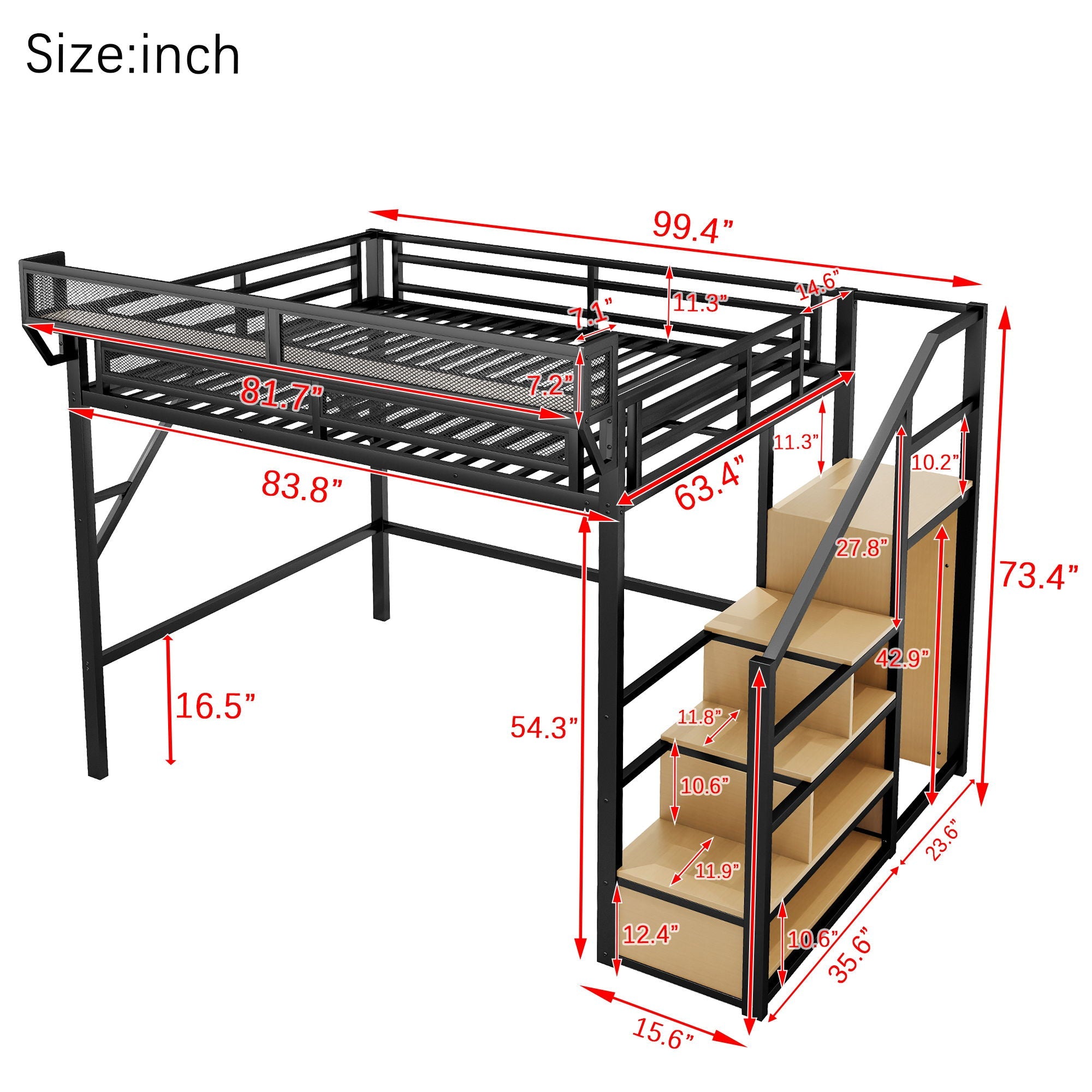 Queen Size Loft Bed & Stairs, Storage Shelves, Wardrobe - Black / Wood by Unique Piece Furniture