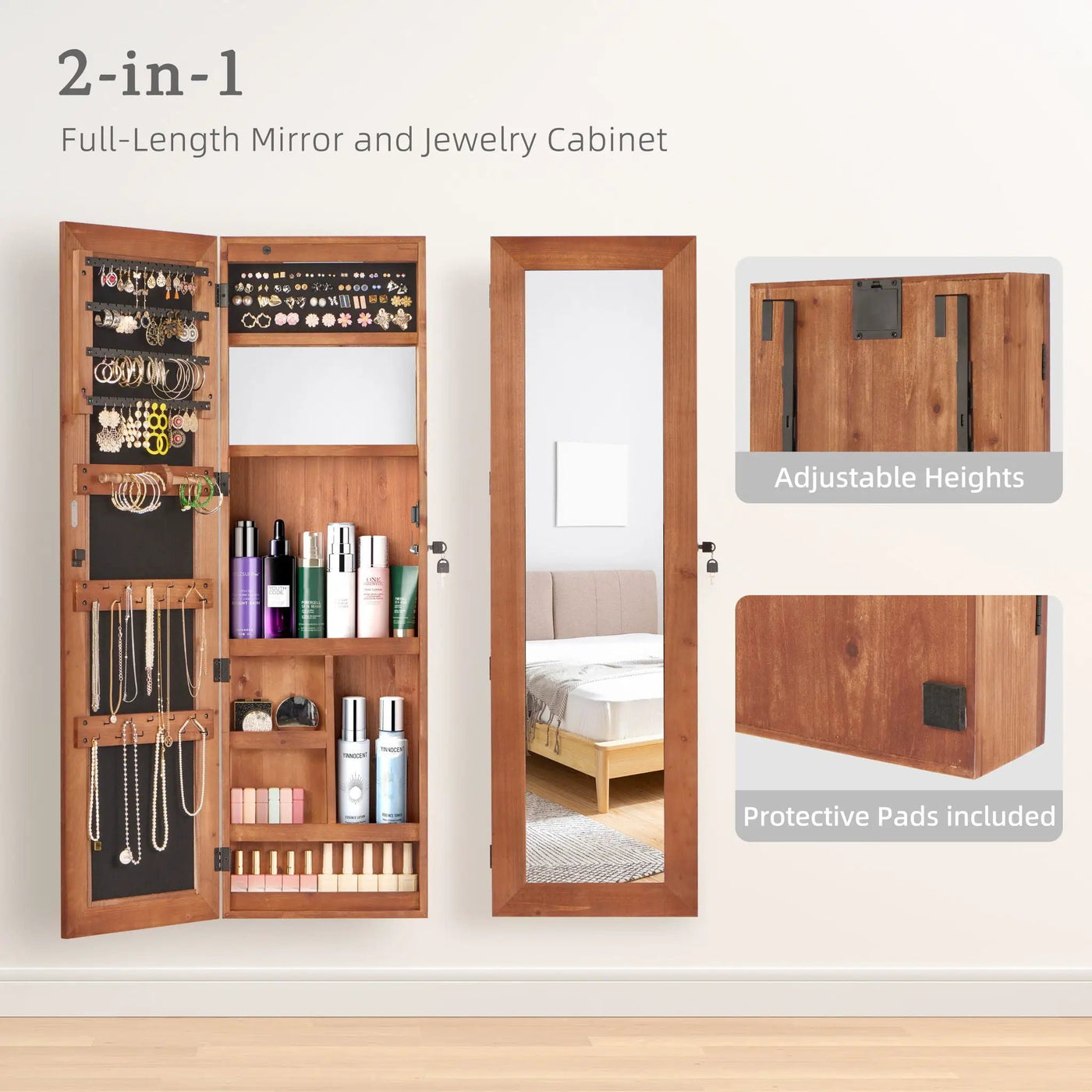 Jewelry Armoire Organizer With Full Length Mirror, Wall Mounted Lockable Cabinet With LED Light by Unique Piece Furniture