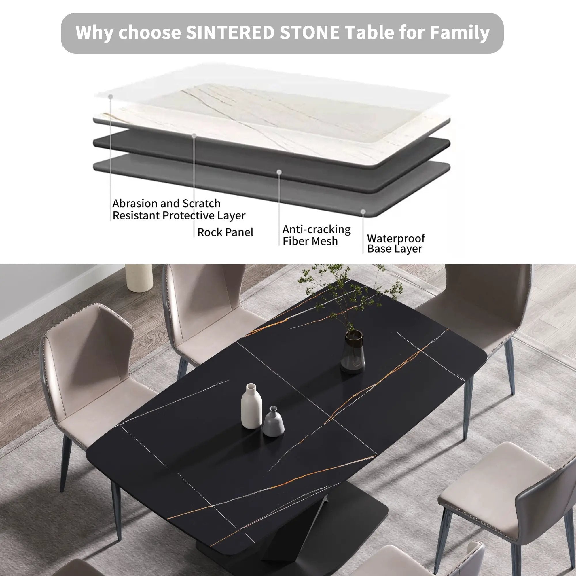 70.87" Modern Artificial Stone Black Curved Black Metal Leg Dining Table, Can Accommodate 6-8 People - Black by HouseOfZazla