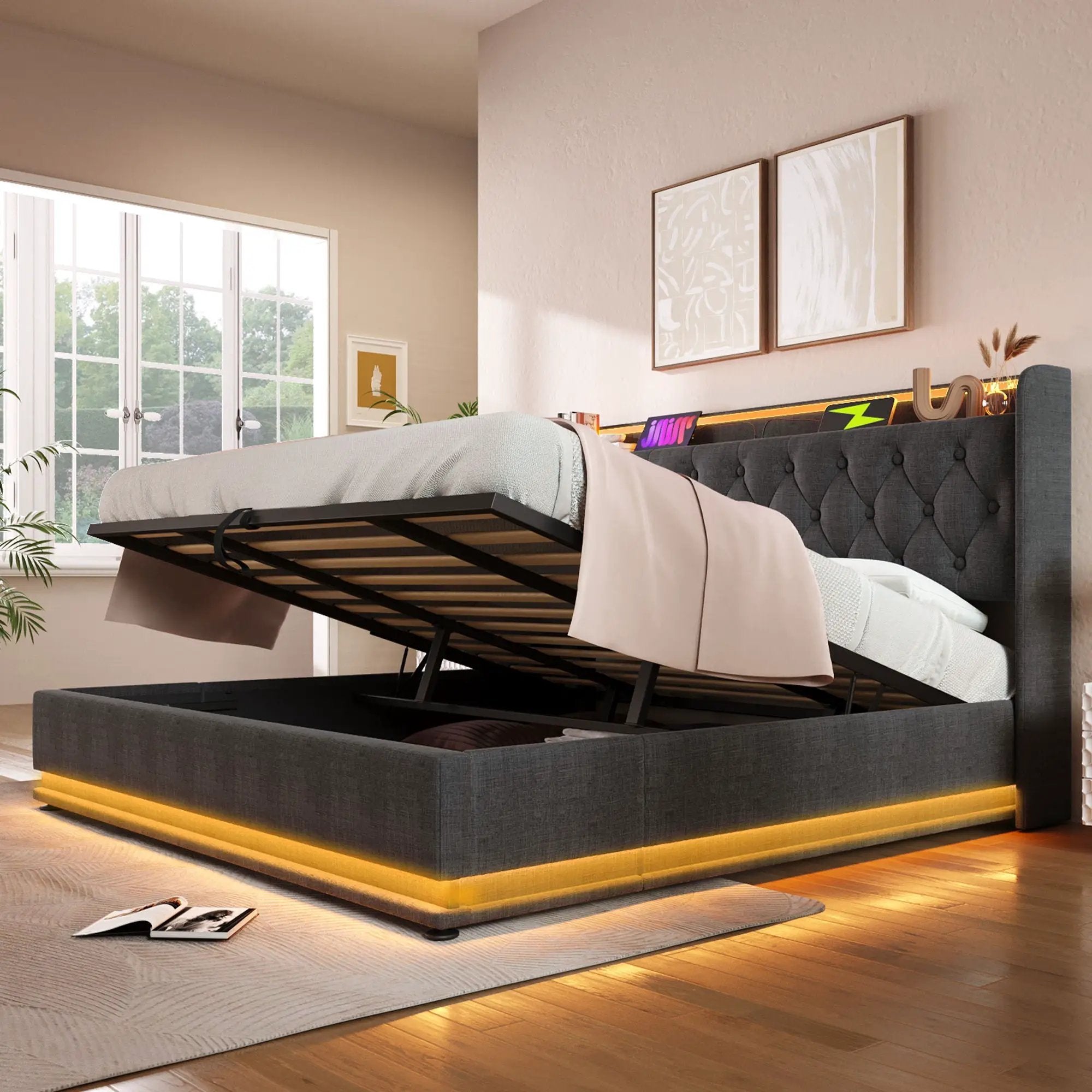 Upholstered Bed, 360 Surround LED Function, Remote Control, Hydraulic Storage Bed With USB, Type-C Charging (Without Mattress) by HouseOfZazla
