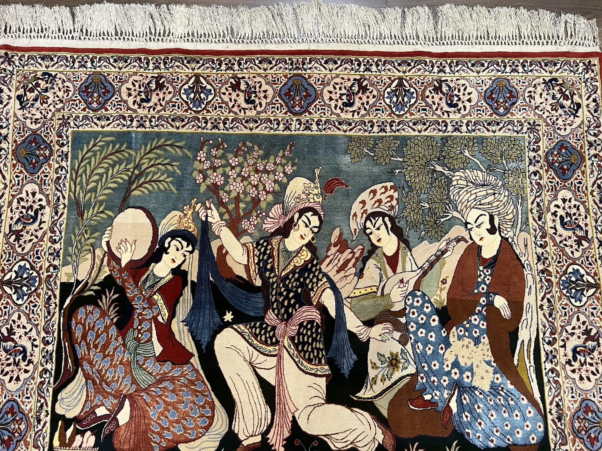 Persian Pictorial Rug 5 x 4 ft, Persian Isfahan Rug, Kork Wool on Silk Foundation, Signature from Master Weaver, Drums and Musical Instruments, Birds, Detailed by Jewel Rugs