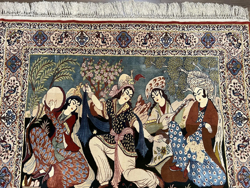 Persian Pictorial Rug 5 x 4 ft, Persian Isfahan Rug, Kork Wool on Silk Foundation, Signature from Master Weaver, Drums and Musical Instruments, Birds, Detailed by Jewel Rugs
