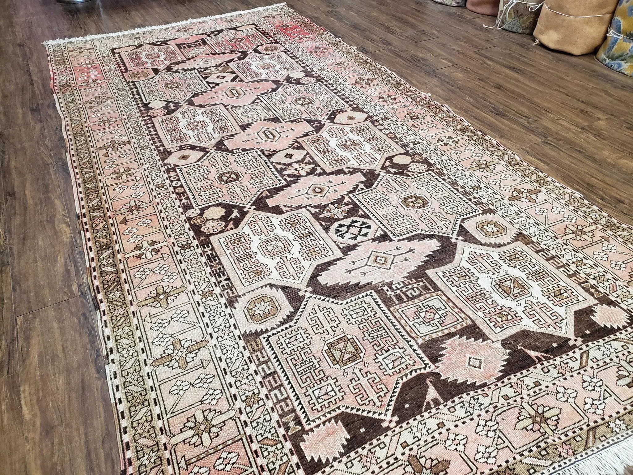 Antique Caucasian Rug 5' 5" x 10' 9", Shirvan Carpet, Wide Oriental Corridor Runner, Quality Handmade Hand-Knotted Wool Rug, Pale Pink Black by Jewel Rugs