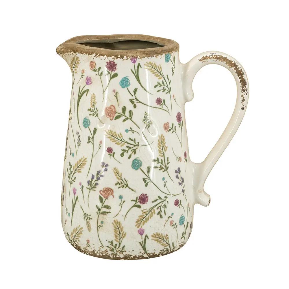 8.1x5.7x9.1" Round Ceramic Pitcher Vase with Multi-Colored Floral Motifs by HouseOfZazla