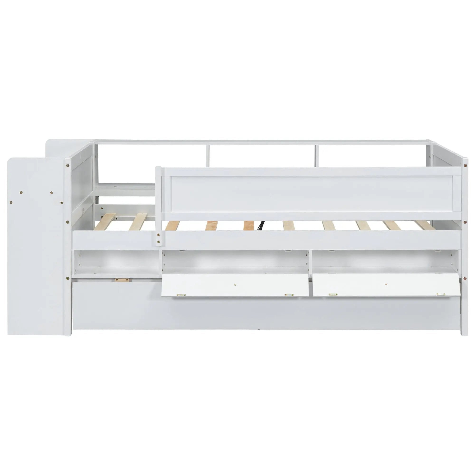 Twin Daybed With Drawers, Trundle, Headboard Storage, Study Desk, And USB Charging Station - White by HouseOfZazla