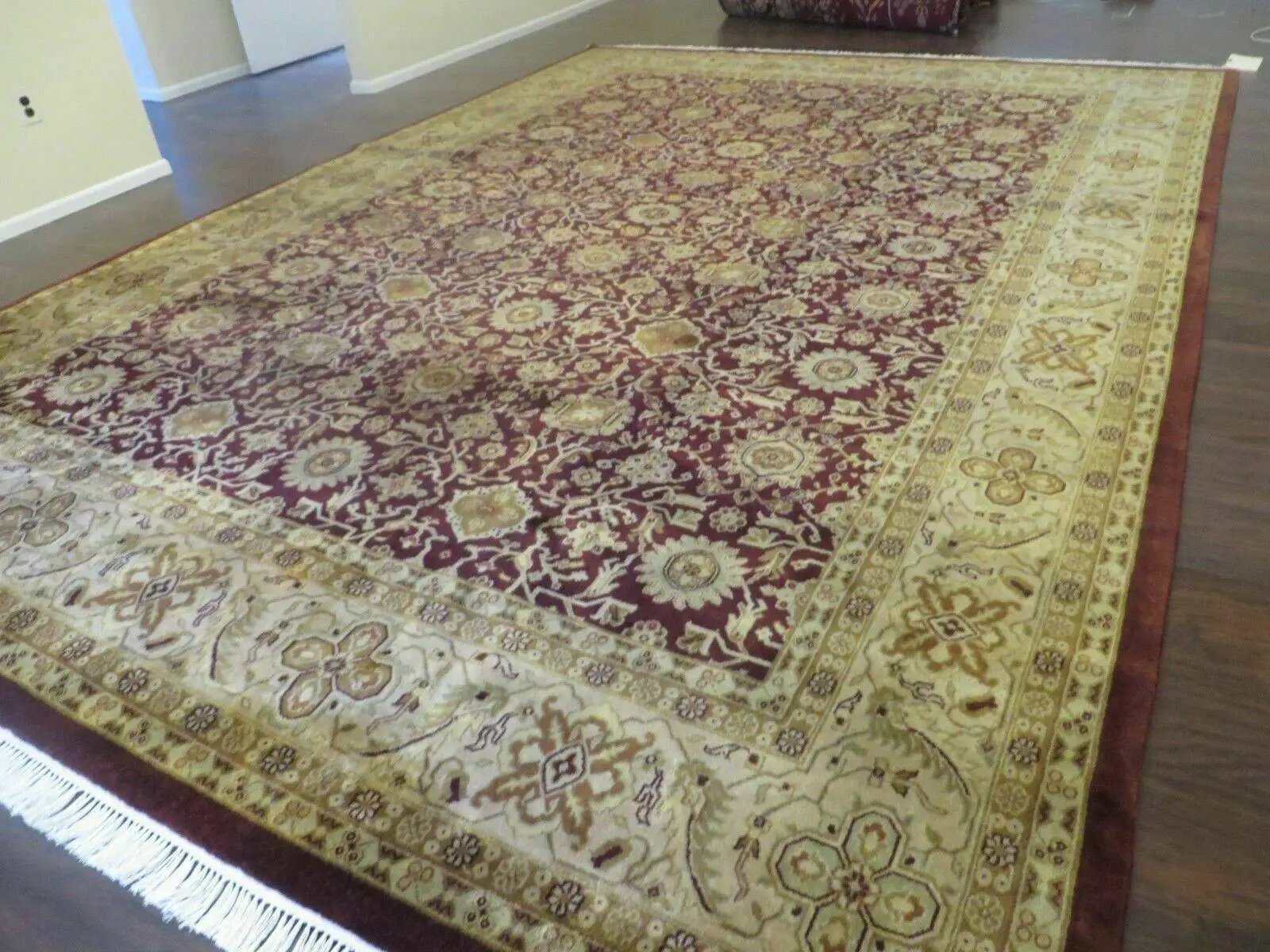 Indian Agra Rug 10x14 Vintage Handmade Larastan Wool Carpet Maroon Floral by Jewel Rugs