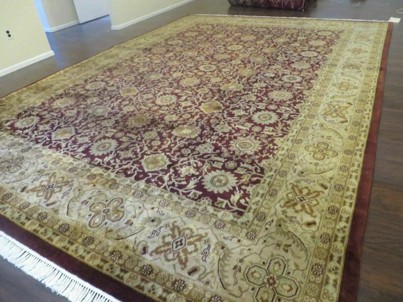 Indian Agra Rug 10x14 Vintage Handmade Larastan Wool Carpet Maroon Floral by Jewel Rugs