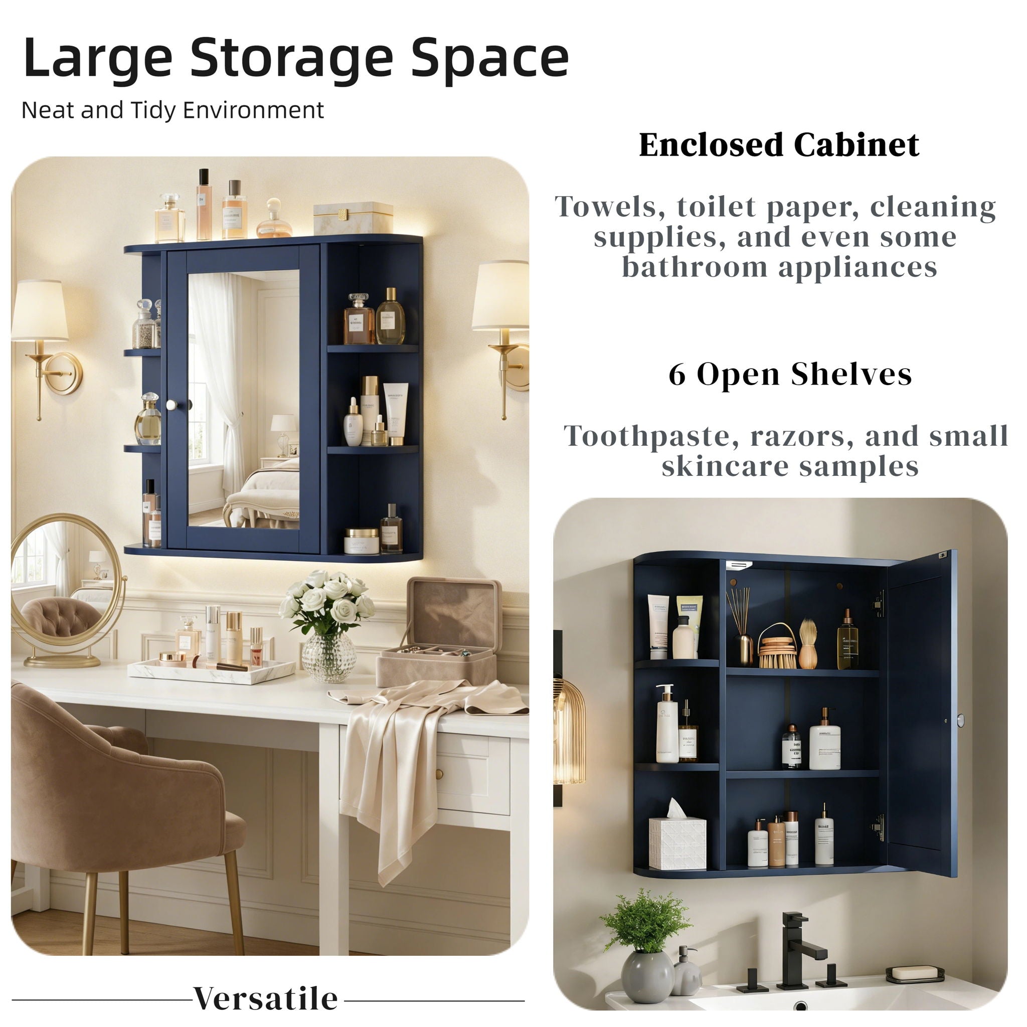 Bathroom Wall Storage Cabinet With Mirror And Adjustable Shelf, 6 Open Shelves by HouseOfZazla