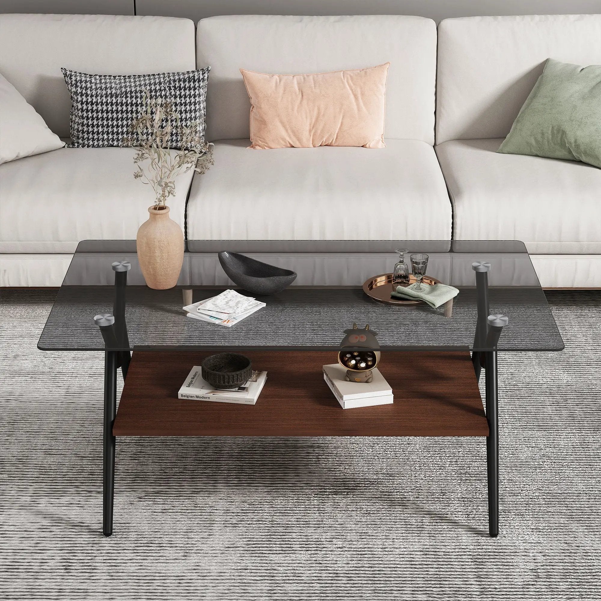 Rectangle Coffee Table With Tempered Glass Top And Shelf, Modern Table For Living Room by HouseOfZazla