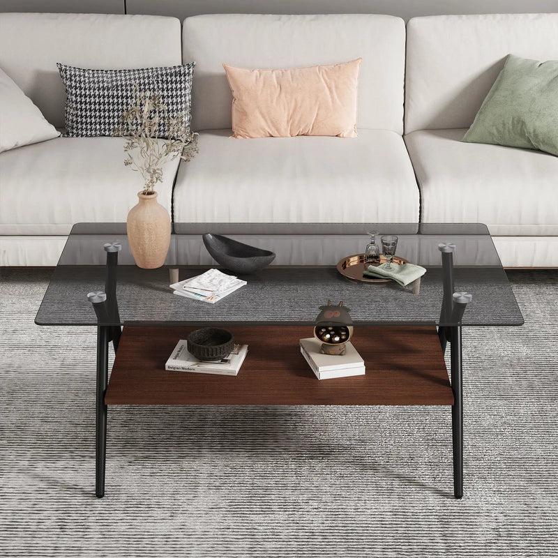 Rectangle Coffee Table With Tempered Glass Top And Shelf, Modern Table For Living Room by HouseOfZazla