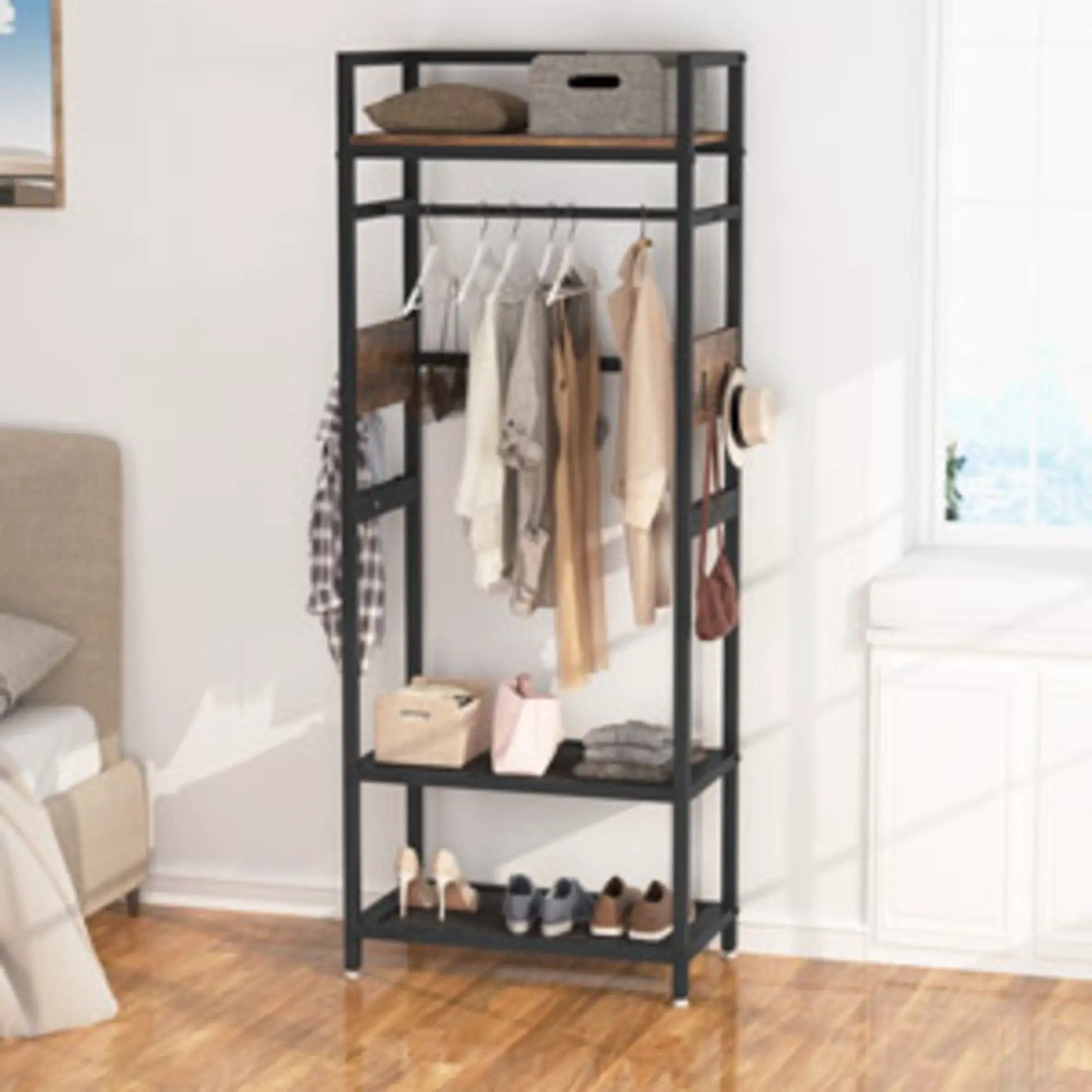 Rack With Hanging Rod, 4 Hooks, Heavy Duty Freestanding Closet Organizer - Brown / Black by HouseOfZazla