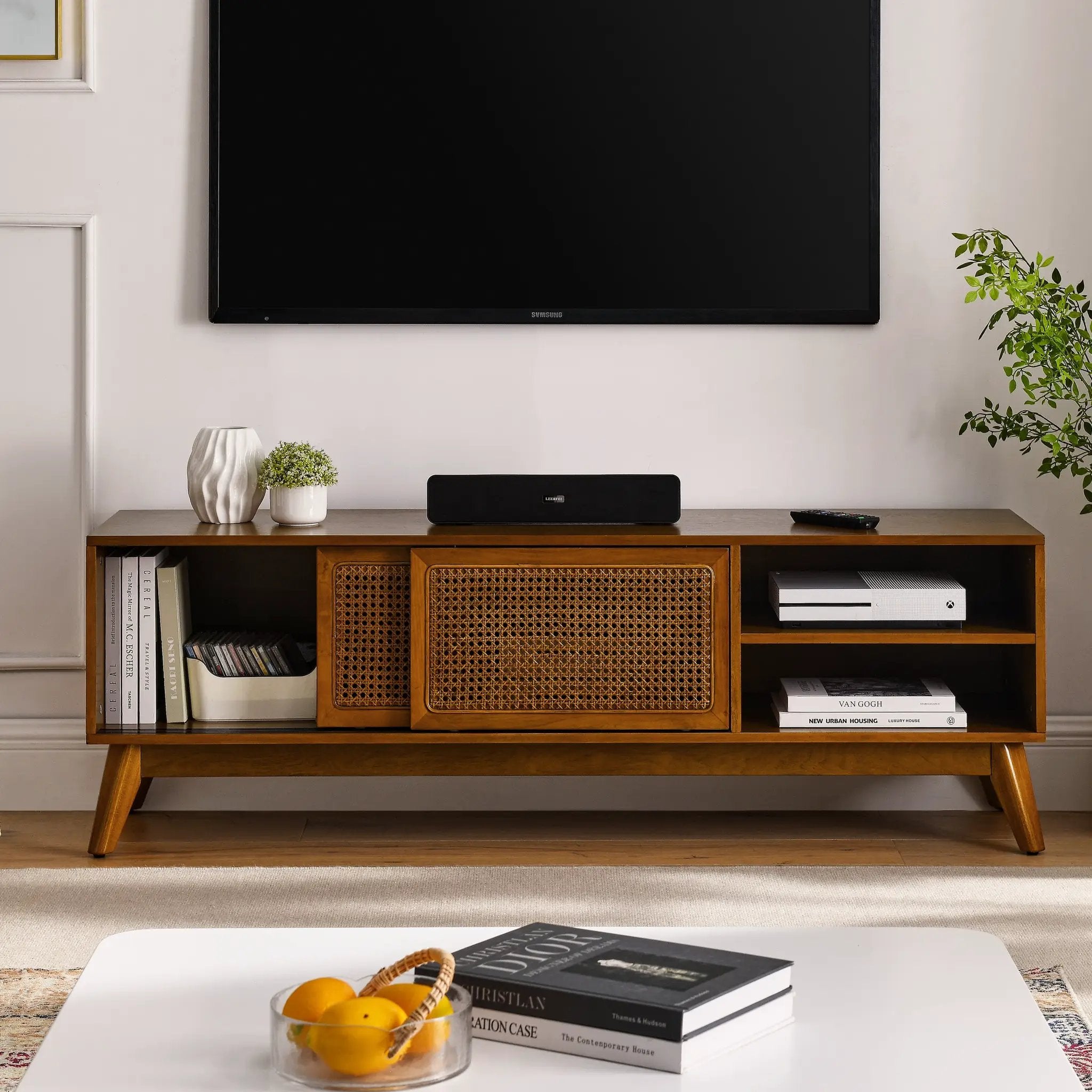 59 Inch Mid Century Modern Rattan TV Stand by BLAKHOM