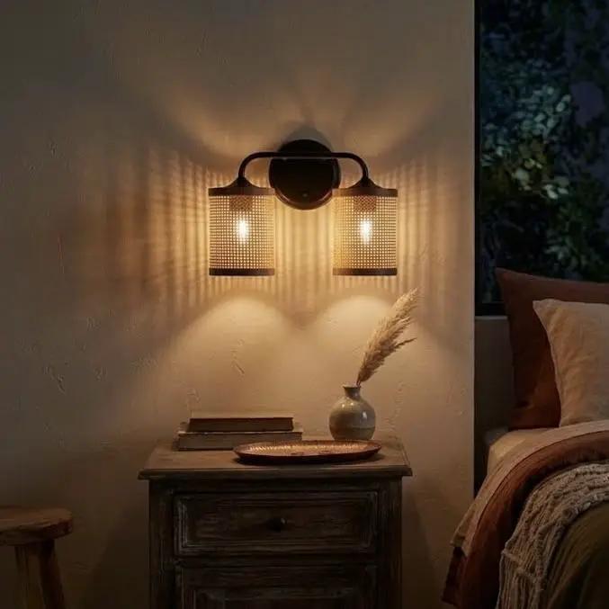 Quell - Double Light Vanity With Natural Shade Wall Lamp - Black / Rattan by Unique Piece Furniture